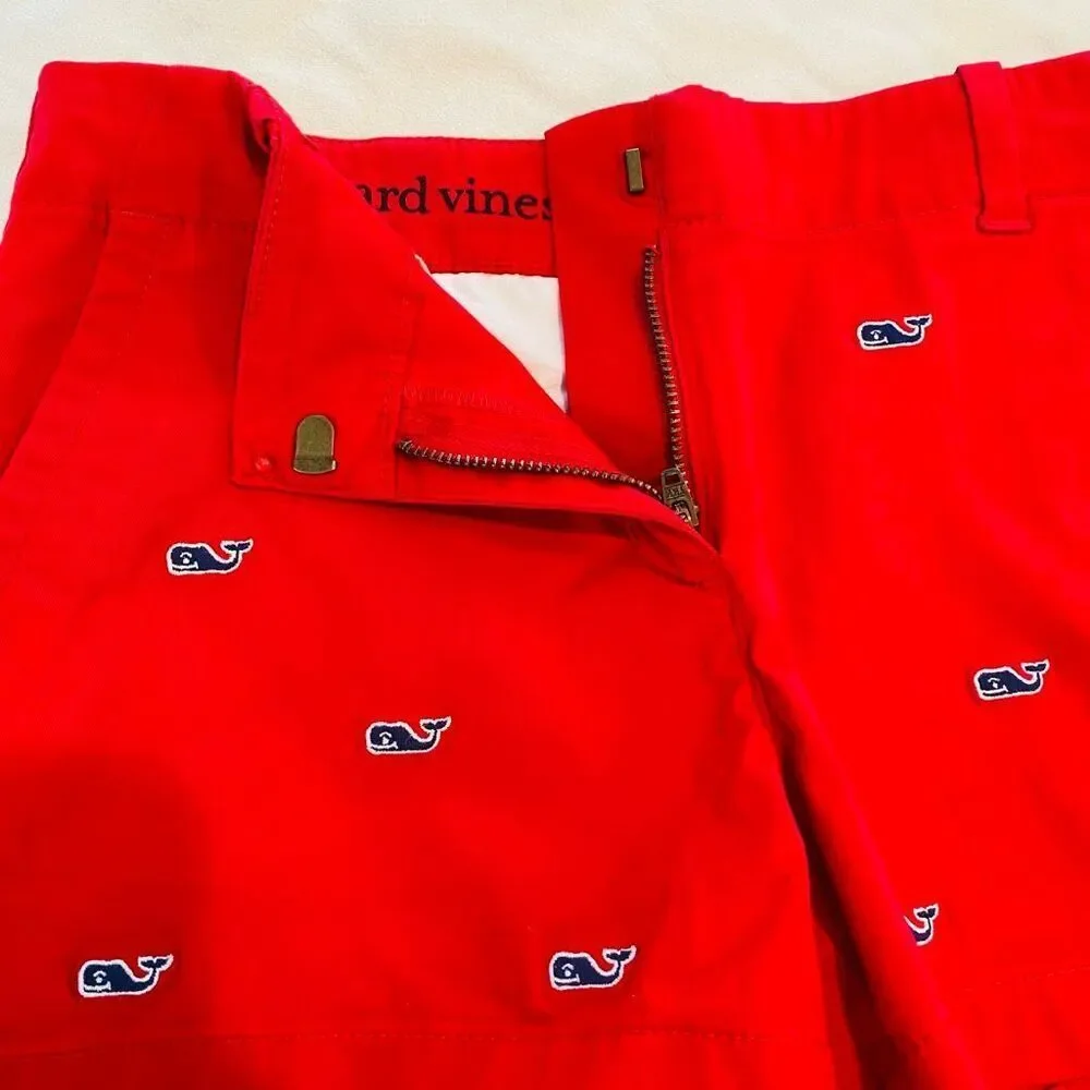 Vineyard Vines Boys Embroidered Whale Cotton Blend Red Blue Chino Shorts Size 12
